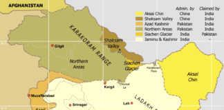 Карта на Кашмир с контролираните зони от Индия, Пакистан и Китай. Източник: wikimedia commons
