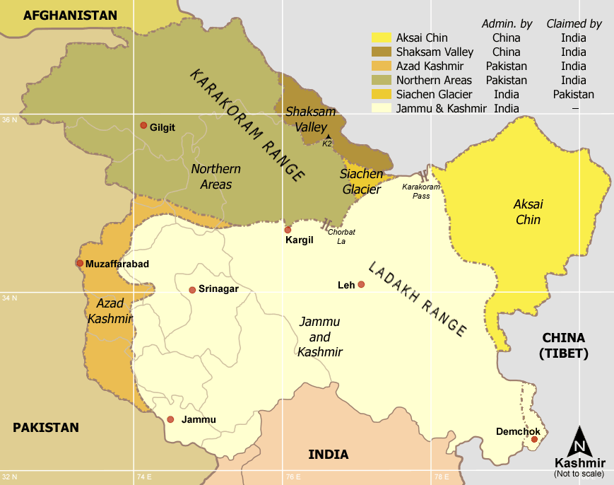 Карта на Кашмир с контролираните зони от Индия, Пакистан и Китай. Източник: wikimedia commons