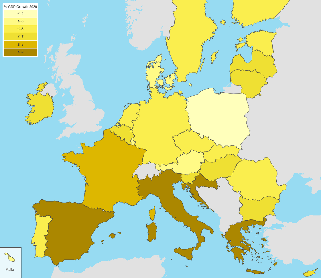 Очакван спад в ръста на БВП за 2020 в държавите в ЕС