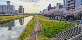 Река в префектура Фукушима, Япония.