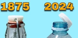 Капачка на бутилка през 1875 година и капачка през 2024 година