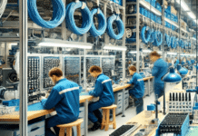 Работници в завод за производство на кабелни инсталации