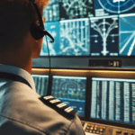 Млад ръководител на полети следи самолети на работа в контролна зала