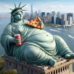 Карикатурата изобразява Статуята на Свободата да яде пица и да пие кока-кола, и статуята е затлъстяла. Това иронизира американците и техния начин на живот, който е нездравословен.