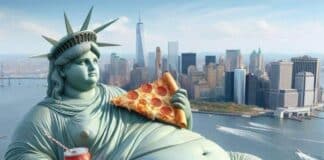 Карикатурата изобразява Статуята на Свободата да яде пица и да пие кока-кола, и статуята е затлъстяла. Това иронизира американците и техния начин на живот, който е нездравословен.