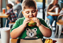Дете със затлъстяване яде вредна храна, децата
