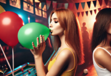 Млада жена диша балон с райски газ в дискотека