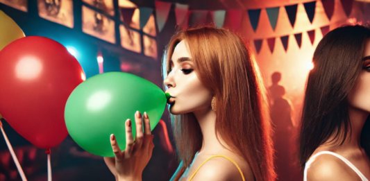 Млада жена диша балон с райски газ в дискотека