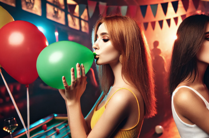 Млада жена диша балон с райски газ в дискотека