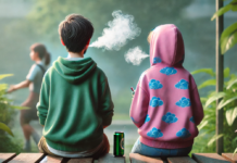 Момиче и момче с вейп и енергийни напитки