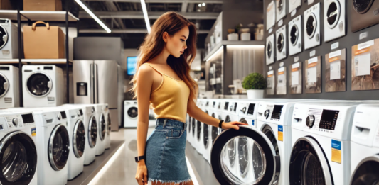 жена купува пералня, стоки