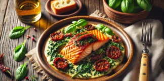 Сьомга с домати и спанак