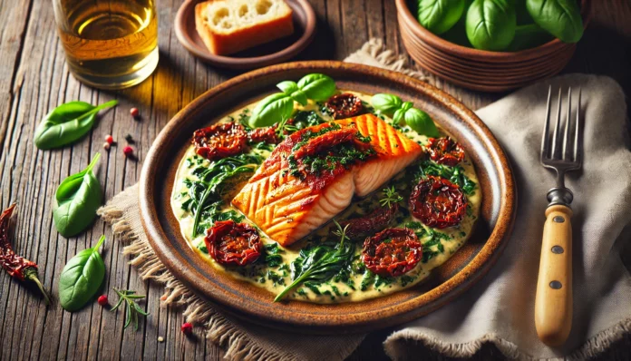 Сьомга с домати и спанак