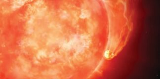 Художествено представяне на поглъщането на планета от звезда-гигант