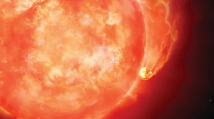 Художествено представяне на поглъщането на планета от звезда-гигант