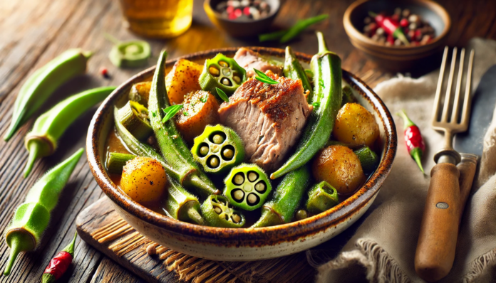 Свинско месо с бамя и картофи