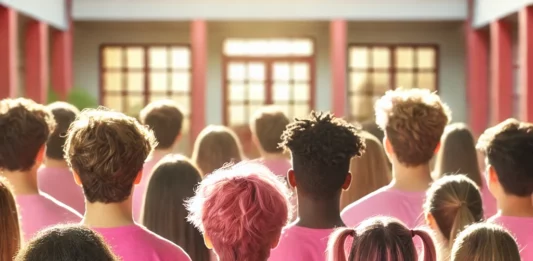 Ученици с розови фланелки