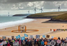 Протестиращи се вдигнаха срещу план за електропровод към плаж в Девън! Протест в Девън