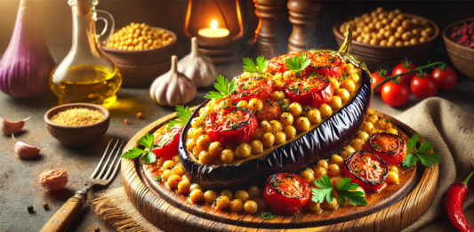 Пълнен патладжан с нахут, домати и чесън за Великденския пост