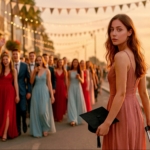 Абитуриентка с куфар на фона на празнично шествие – метафора за заминаване от родния град