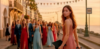 Абитуриентка с куфар на фона на празнично шествие – метафора за заминаване от родния град