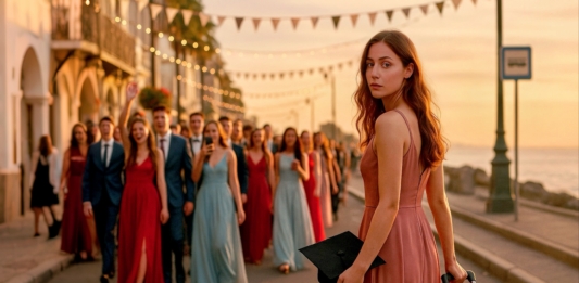 Абитуриентка с куфар на фона на празнично шествие – метафора за заминаване от родния град