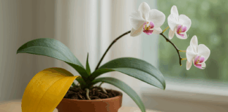 Орхидея с жълто листо