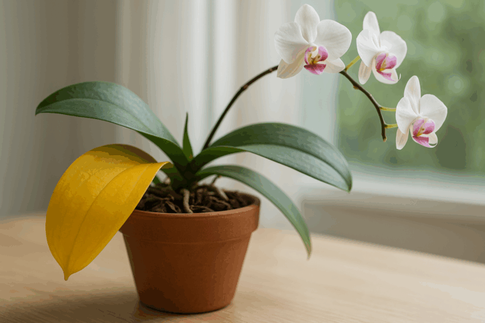 Орхидея с жълто листо