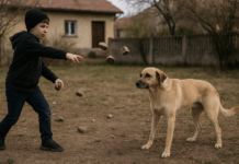 Дете хвърля камъни по куче