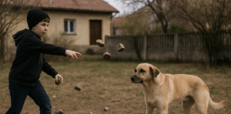 Дете хвърля камъни по куче