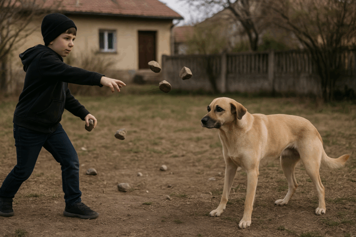 Дете хвърля камъни по куче