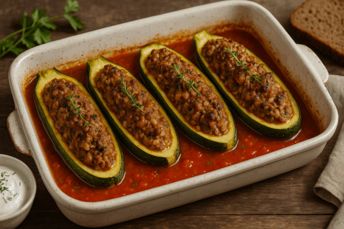 Пълнени тиквички с кайма и доматен сос