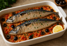 Рибник със скумрия, ориз, домати и маслини