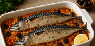 Рибник със скумрия, ориз, домати и маслини