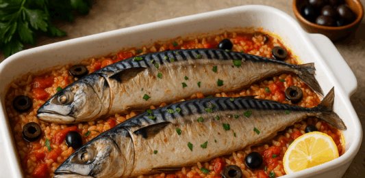 Рибник със скумрия, ориз, домати и маслини