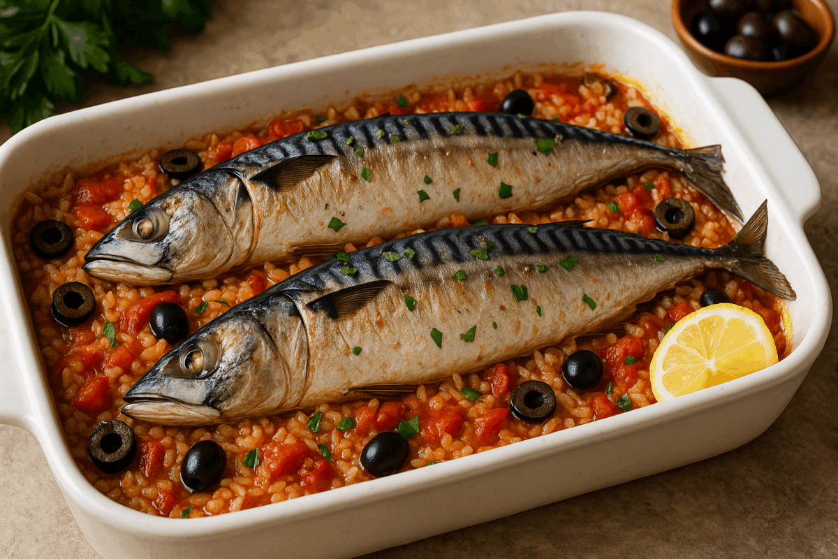 Ароматът на печена риба и златист ориз с домати е