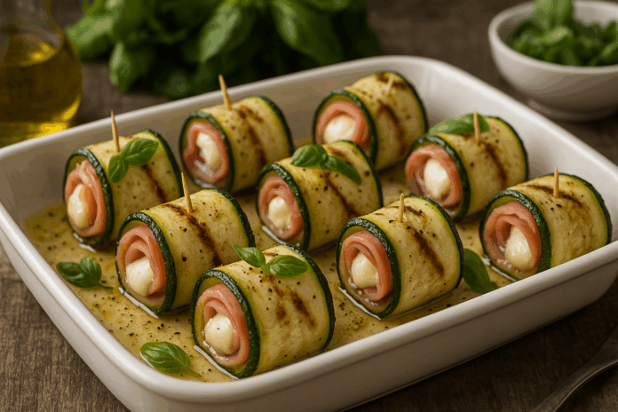 Рулца от тиквички с моцарела и шунка