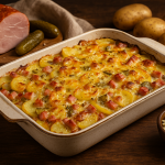 Запеканката с картофи, шунка и кисели краставички