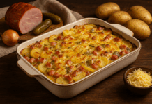 Запеканката с картофи, шунка и кисели краставички