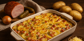 Запеканката с картофи, шунка и кисели краставички