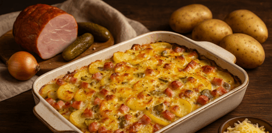 Запеканката с картофи, шунка и кисели краставички