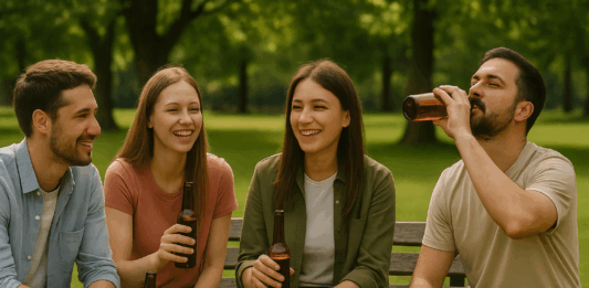 Хора пият бира в парка