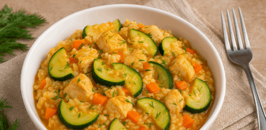 Тиквички с ориз и пилешко месо