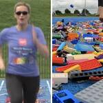 Майка счупи рекорд за най-бързо бягане на 100 метра боса по парчета LEGO Майка, чупеща рекорд на Гинес, бягайки върху LEGO