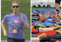 Майка счупи рекорд за най-бързо бягане на 100 метра боса по парчета LEGO Майка, чупеща рекорд на Гинес, бягайки върху LEGO