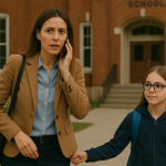 Родител, водещ детето си на училище