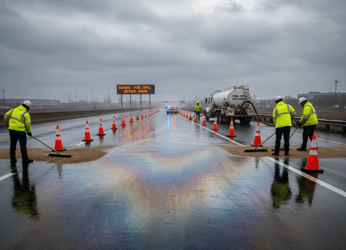 Обезопасяване на пътно платно, заради замърсяване с разлято гориво Обезопасяване на пътно платно, заради замърсяване с разлято гориво
