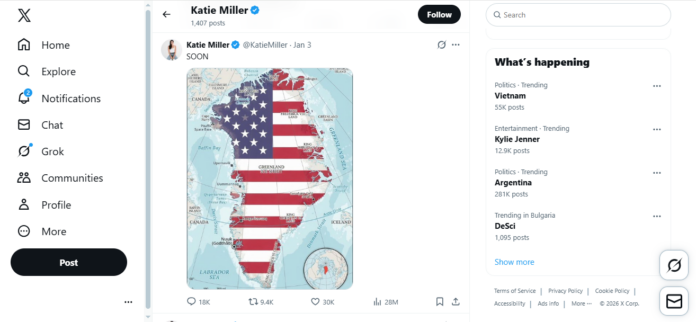 Публикация на Кейти Милър за Гренландия